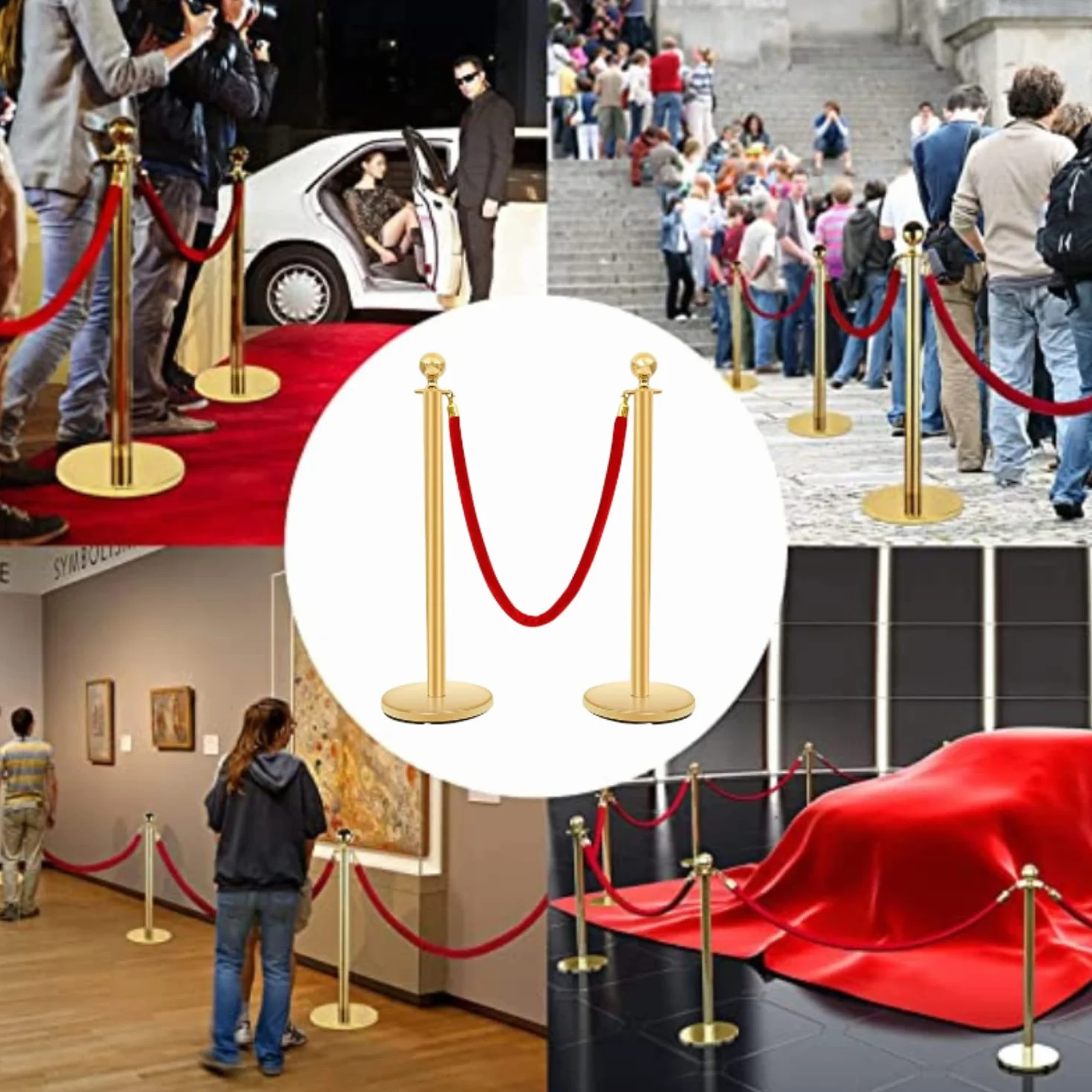 4PZ 96 cm Barriera di Controllo della Folla con 1,5 m Corde di Velluto Rosso Controllo della Folla in Acciaio Inox Tondo Post Palo, Base cava a iniezione di sabbia