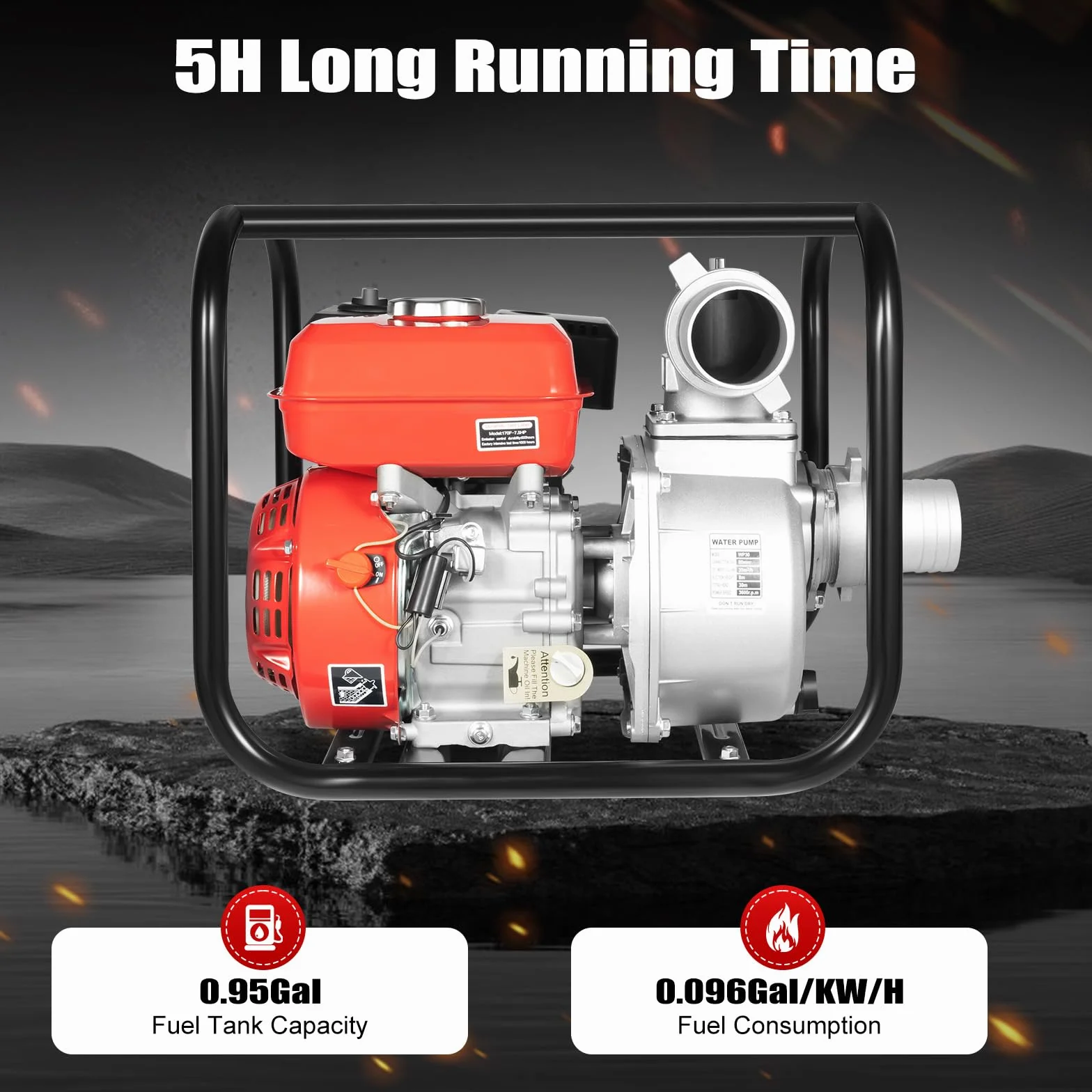 Pompa dell'acqua a benzina a 4 tempi, 212 CC, 7,5 CV, pompa da giardino, pompa per acqua sporca, con lunghezza del tubo dell'acqua di 7,5 m, altezza di erogazione di 30 m, altezza di