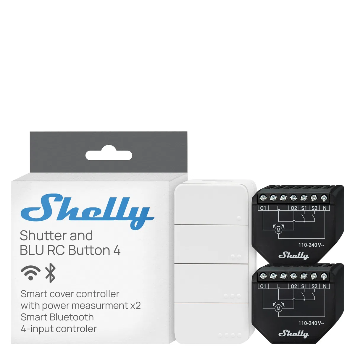 Shelly Shutter x2 & BLU RC Button 4 (Bundle) - Wi-Fi Interruttore a Relè Intelligente, 2 Canali, 4A, Monitora il Consumo di Energia, Tende & Tapparelle, Nessun Hub Richiesto, Alexa e Google Home