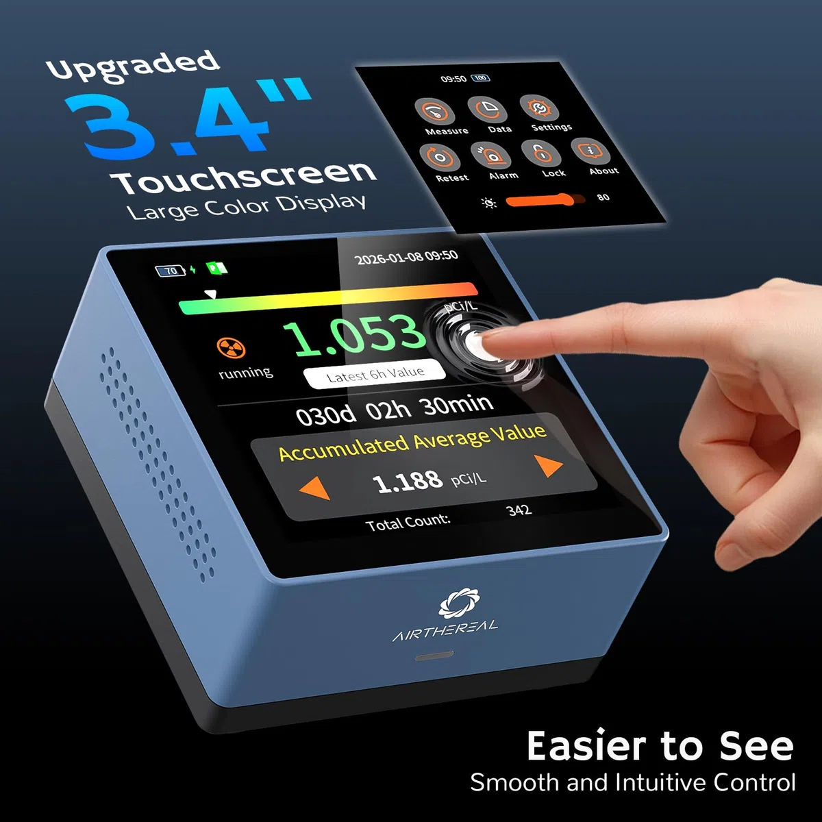 Airthereal Rilevatore di Radon per Casa, touchscreen da 3,4”, aggiornamenti ogni 10 minuti, allarmi acustici e visivi, design portatile e ricaricabile, monitoraggio a lungo termine, blu