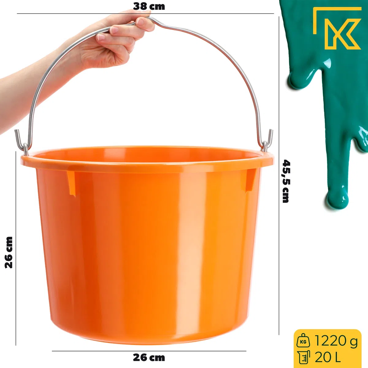 KADAX Secchio da Costruzione in plastica, Secchio per Malta con Manico in Filo di Zinco, Secchio, Secchio per Cemento, Secchio per Malta, Secchio per Acqua, (20 l, 3 Pezzi Arancione)