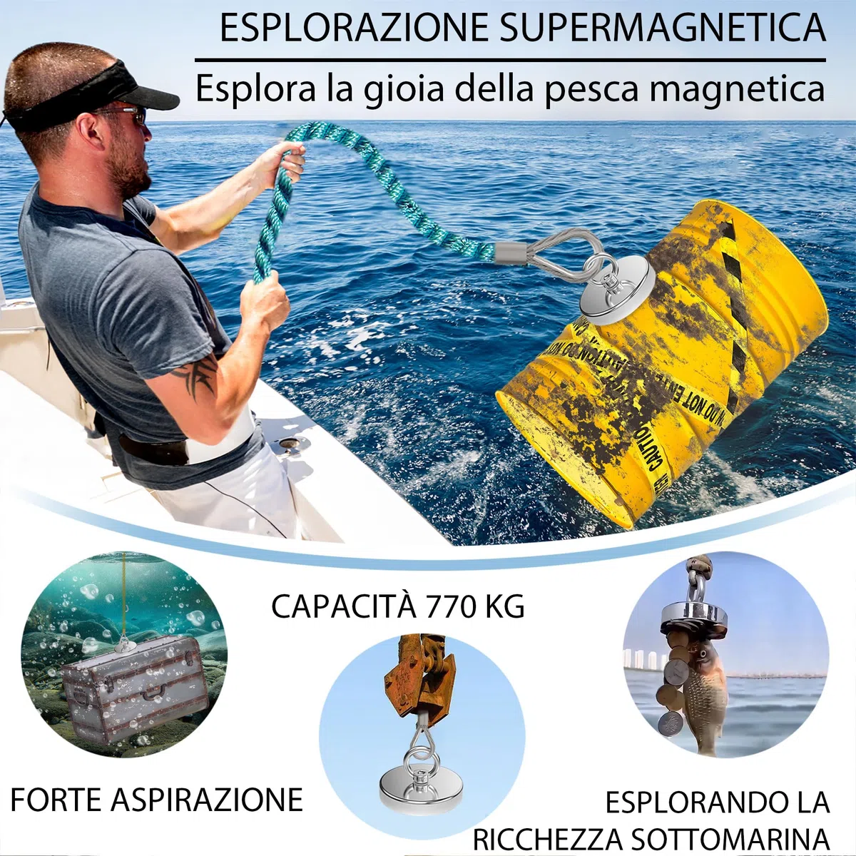 Magnetpro Magnete da pesca con forza di trazione superiore a 770 kg, magneti al neodimio resistenti con occhiello, diametro 120 mm calamita per pesca magnetica, caccia, recupero nel fiume