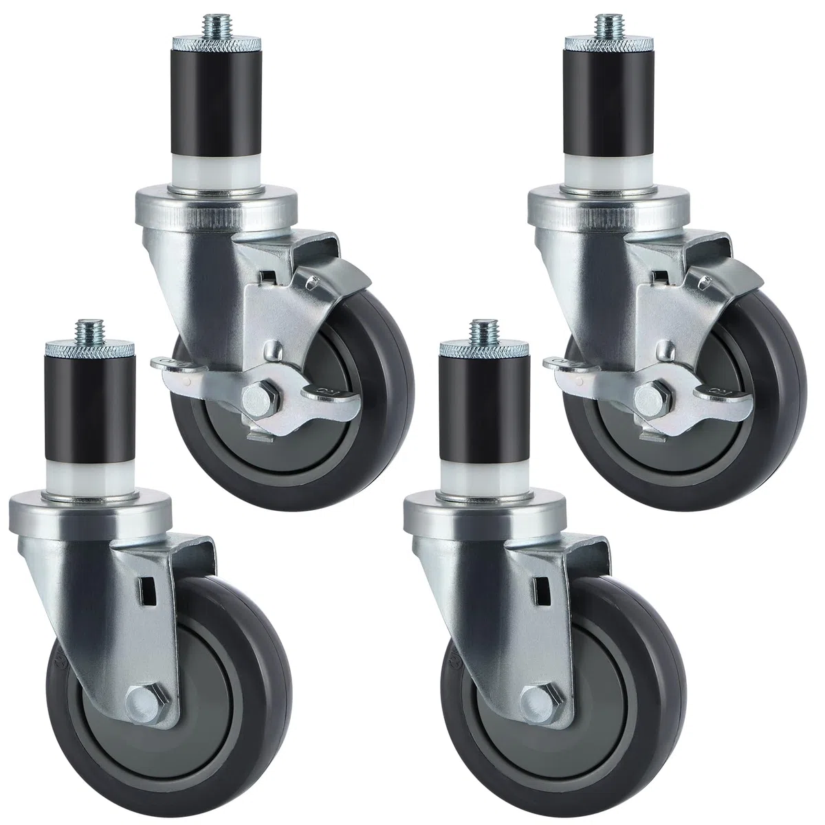 Skelang 4 ruote a stelo espandibile da 10,2 cm, in acciaio inox, con freni, ruote resistenti per tavoli da lavoro da cucina commerciali con tubo da 38 mm, capacità di carico totale 400 kg