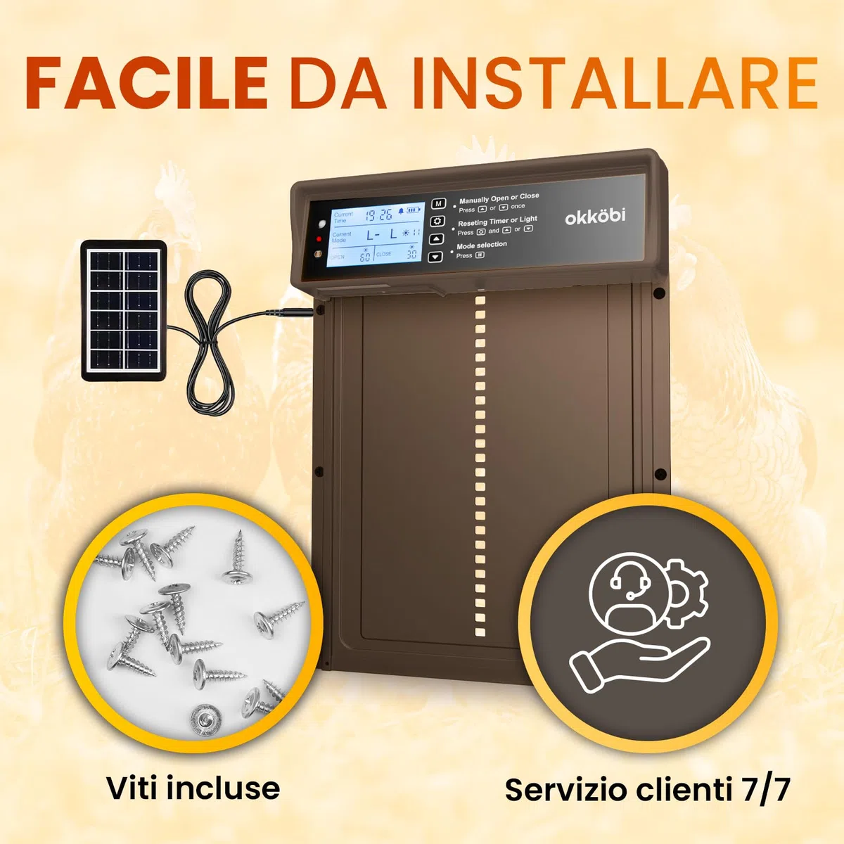 Okkobi Porta Automatica Pollaio Solare - Display LCD - Porta Pollaio con telecomando, Sensore di luce e Timer - Sicurezza e tranquillità: Funzione Antipizzicamento - Protezione di 5 anni