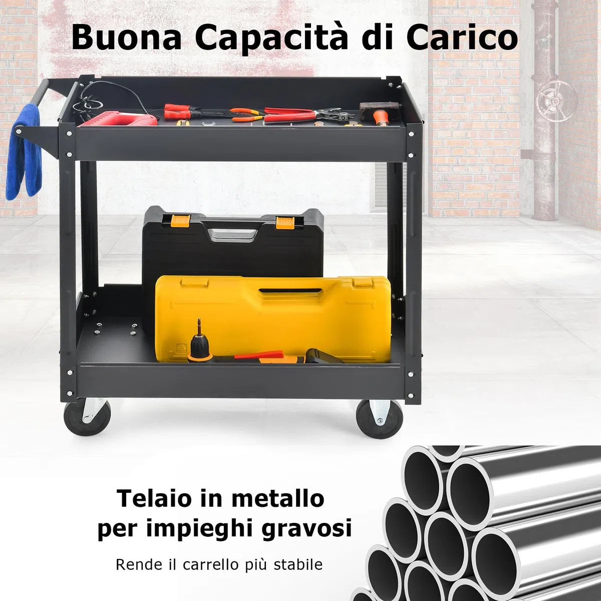 GYMAX Carrello Portaoggetti a 2 Livelli, Carrello Portautensili in Metallo Robusto con 4 Ruote Lisce, Carrello di Servizio con Maniglia Ergonomica, per Garage, Magazzino, Cucina, Nero/Rosso (Nero)