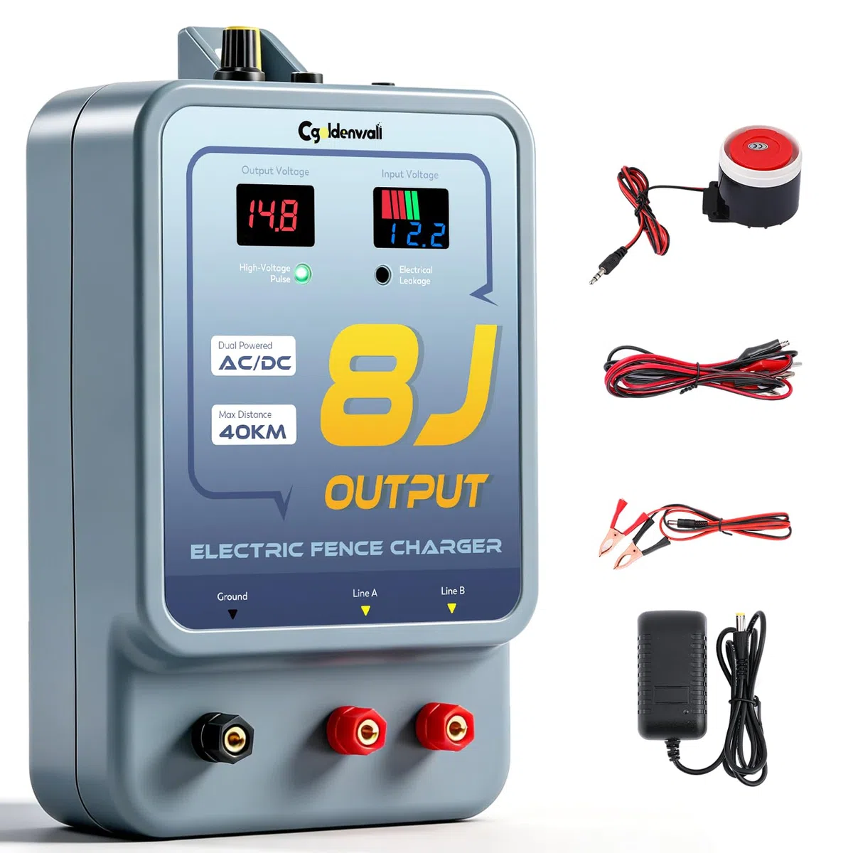 CGOLDENWALL 8J Elettrificatore per Recinzioni da Pascolo, AC/DC Alimentazione, 2 in 1 7-13KV regolabile, Allarme, IP45 Impermeabile, 40KM Portata per Cavalli, Pollame, Ranch, Giardino (8J)