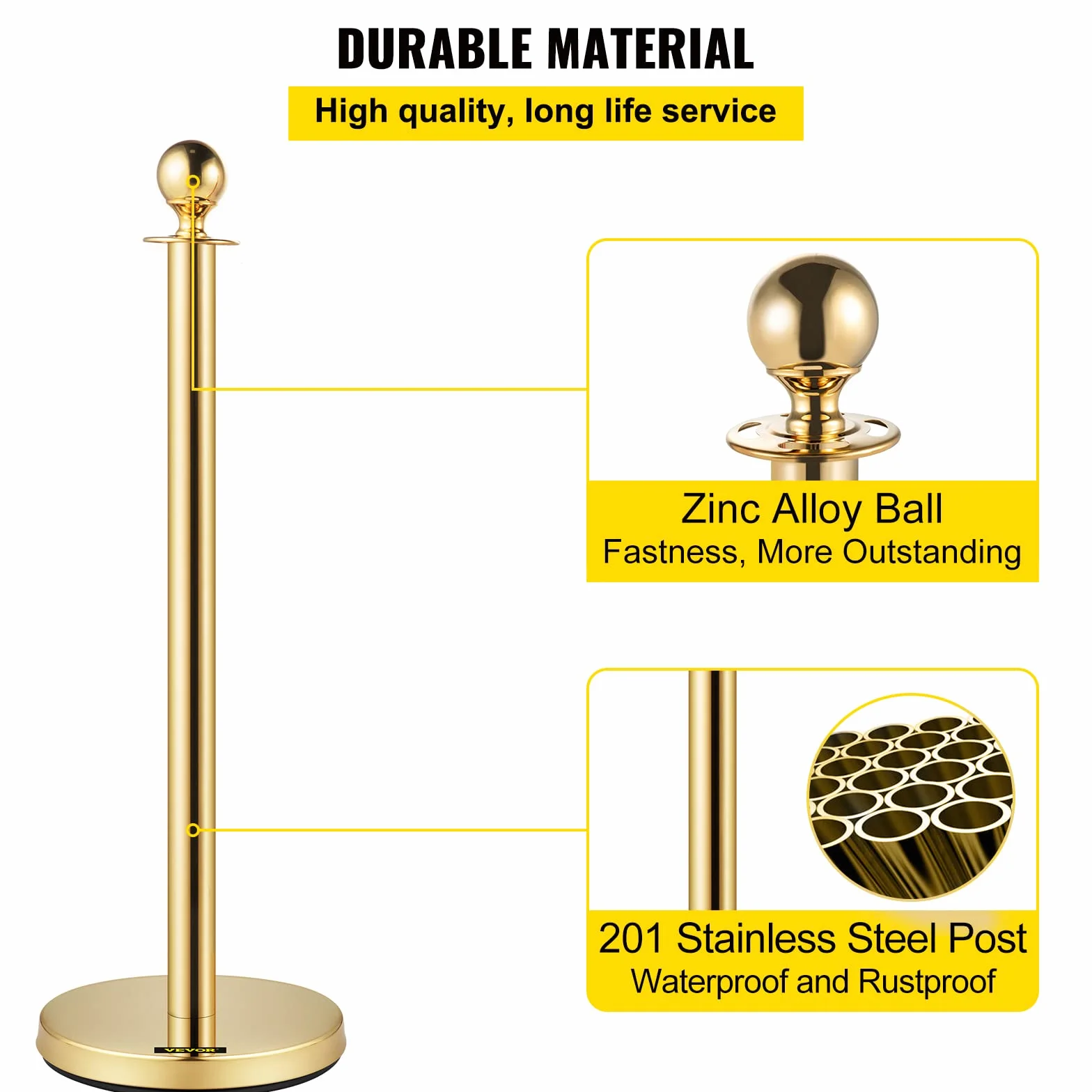 Mophorn Palo separatore per nastro estensibile 4 set barriere di sicurezza a 3 corde lunghezza della corda 1,5 m oro