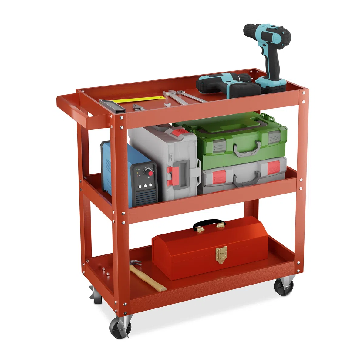 Relaxdays Carrello Portautensili Officina, Carrellino a 3 Ripiani Porta Attrezzi Lavoro, 76x78x35 cm, Max. 100 kg, Rosso