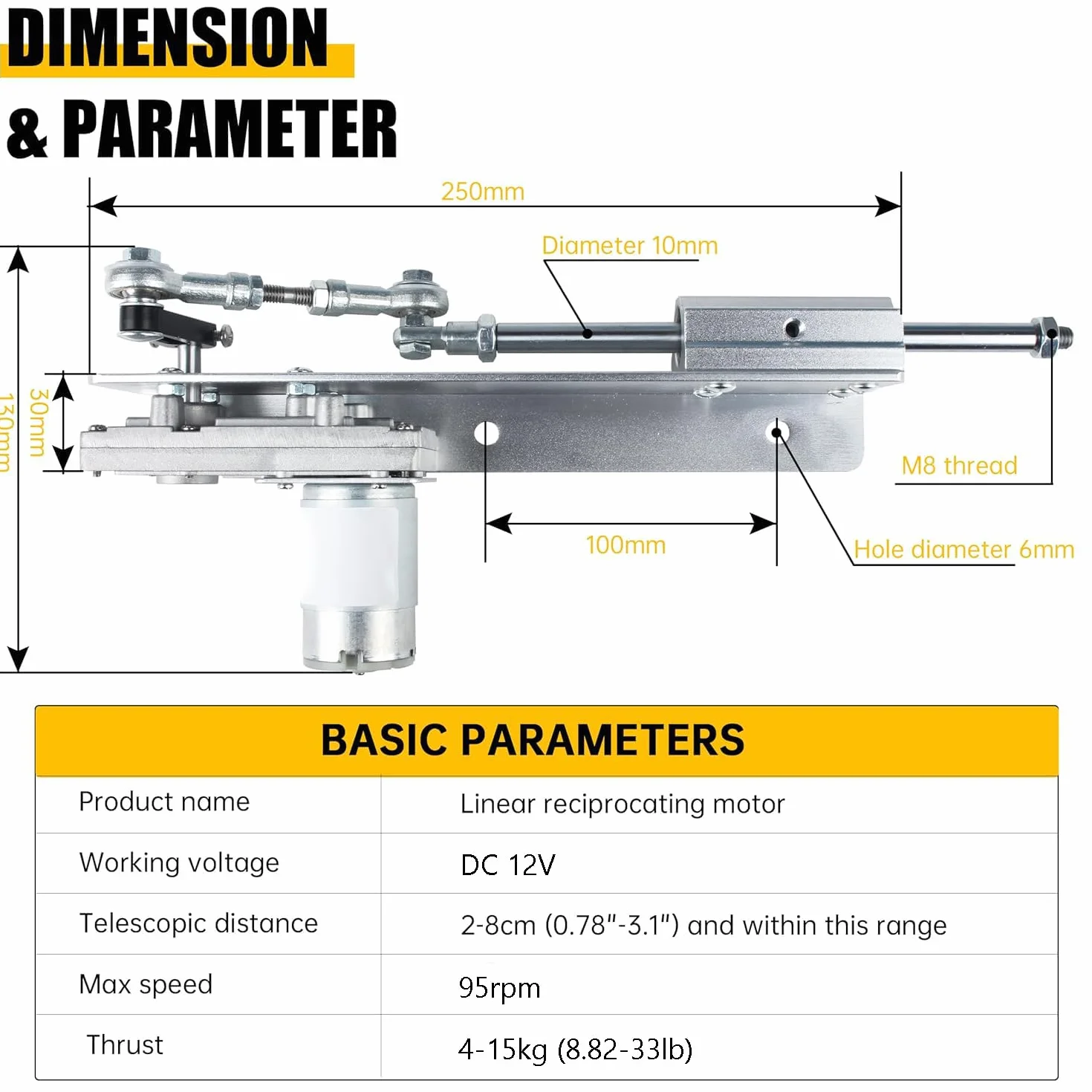 Attuatore Lineare a Pistone Alternativo DC 12V, Motore Lineare Telescopico Regolabile con Regolatore di Velocità, Linear Actuator 95RPM, Motore a Pistone Alternativo Corsa 2-8cm