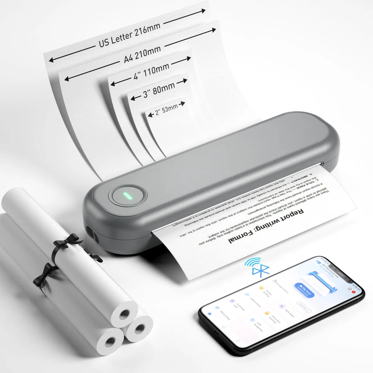 Bisofice L86 stampante portatile A4 per viaggio 300 DPI stampante termica A4 – stampante portatile compatibile con Android e iOS, stampante portatile per cellulare, laptop, grigio