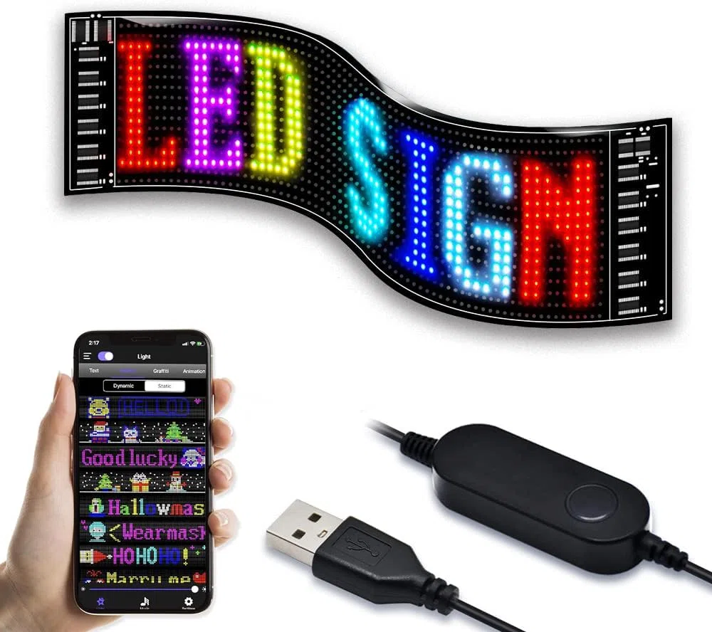 Cartello Led Programmabile：47x12cm Flessibile Display LED, Insegna Luminosa LED Sostegno Testo, Digitale, Animazione Display, programmabile Controllo app ricarica USB per Negozi, Feste, Pubblicità