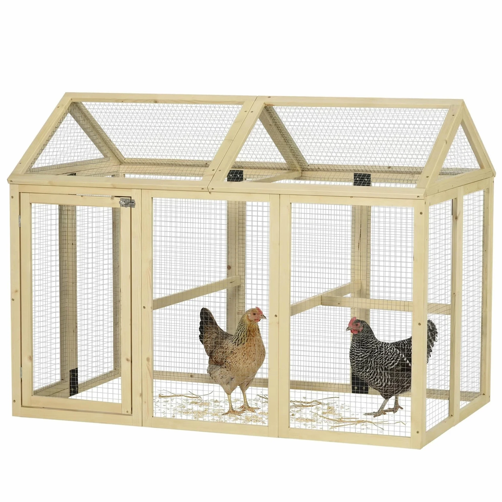 PawHut Recinto per Galline all'Aperto in Legno, Gabbia Galline con Porte Multiple e Rete in Metallo, 140x88.5x106 cm, color Legno